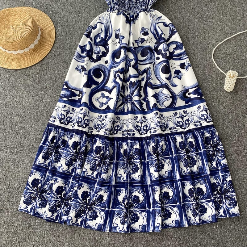ABBIE - Blaues Florales Print Vintage Langes Kleid