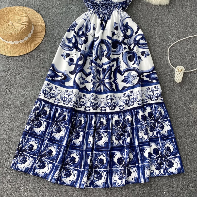 ABBIE - Blaues Florales Print Vintage Langes Kleid