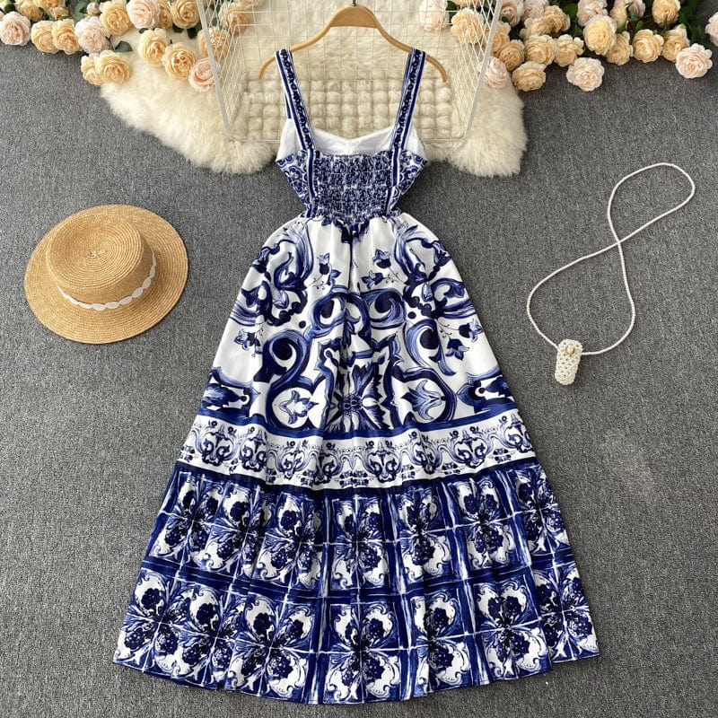 ABBIE - Blaues Florales Print Vintage Langes Kleid