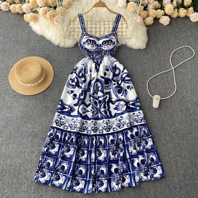 ABBIE - Blaues Florales Print Vintage Langes Kleid