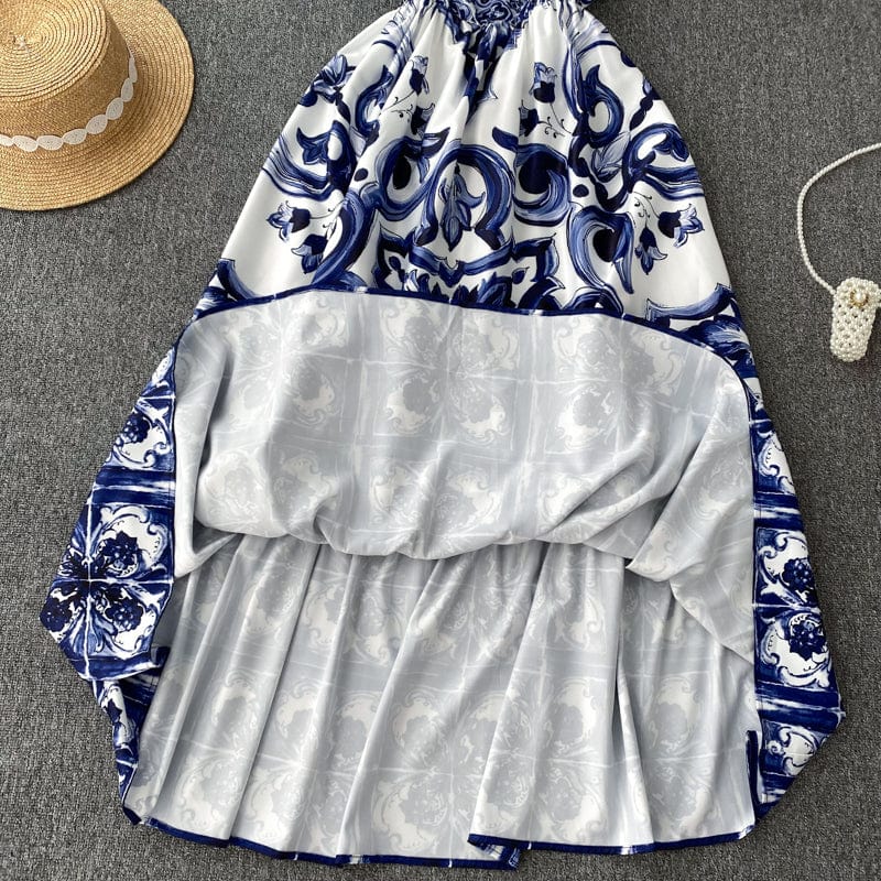ABBIE - Blaues Florales Print Vintage Langes Kleid