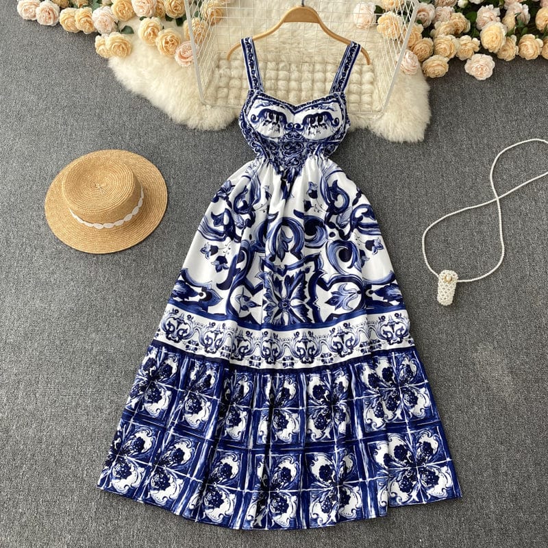 ABBIE - Blaues Florales Print Vintage Langes Kleid