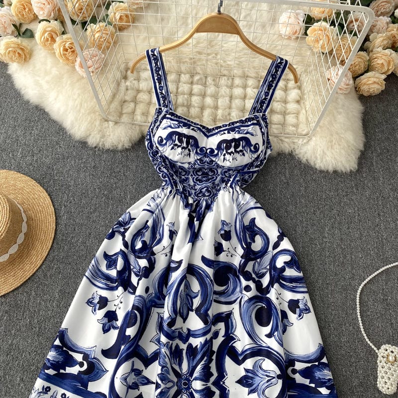 ABBIE - Blaues Florales Print Vintage Langes Kleid