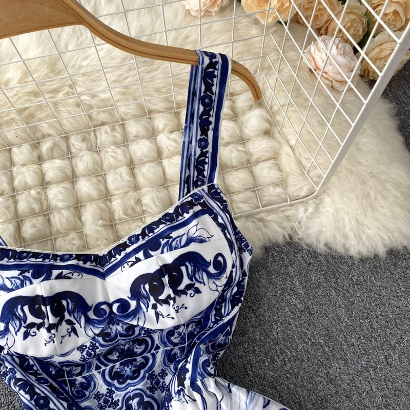 ABBIE - Blaues Florales Print Vintage Langes Kleid