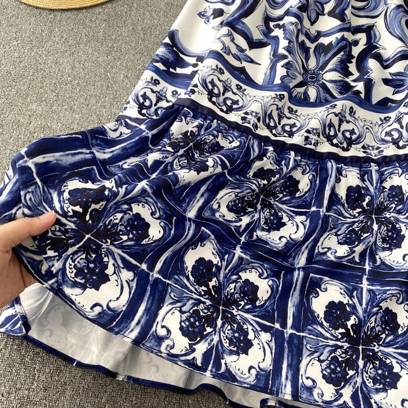 ABBIE - Blaues Florales Print Vintage Langes Kleid