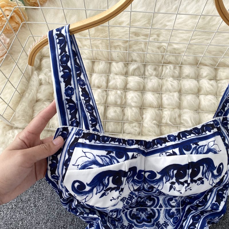 ABBIE - Blaues Florales Print Vintage Langes Kleid