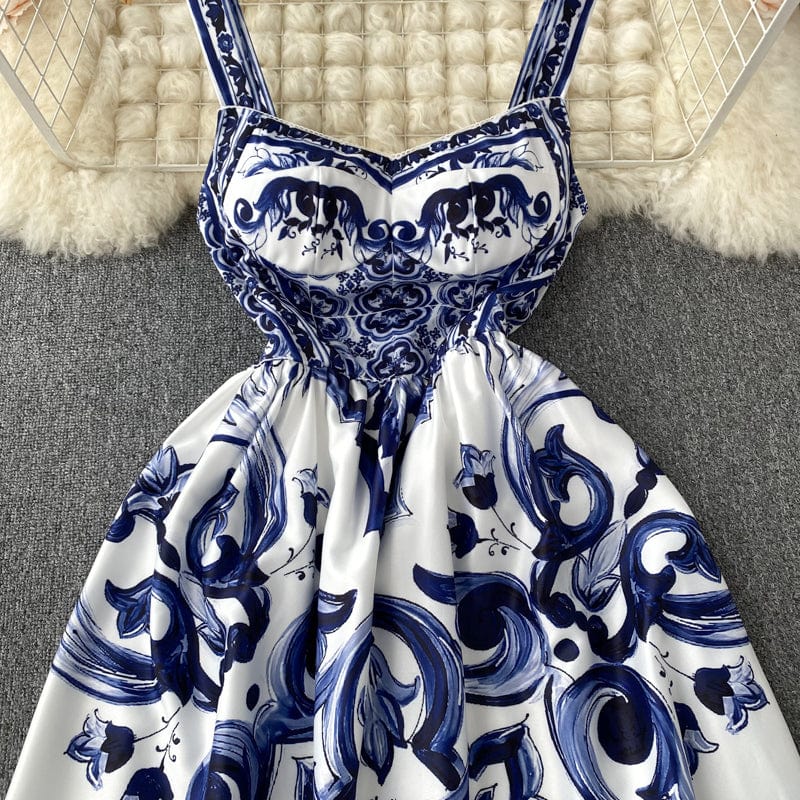 ABBIE - Blaues Florales Print Vintage Langes Kleid