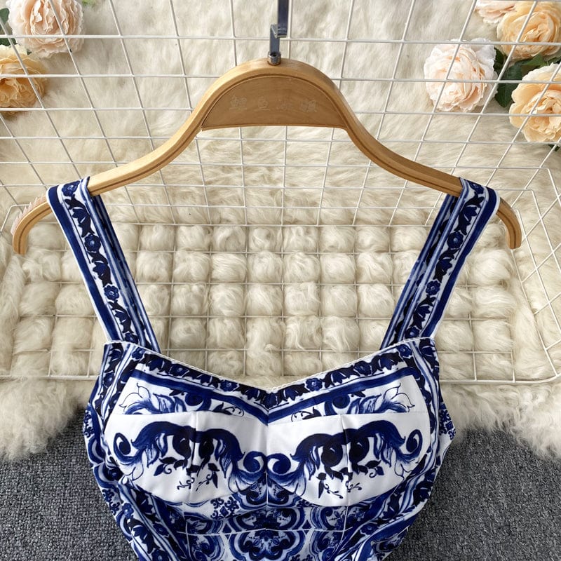 ABBIE - Blaues Florales Print Vintage Langes Kleid