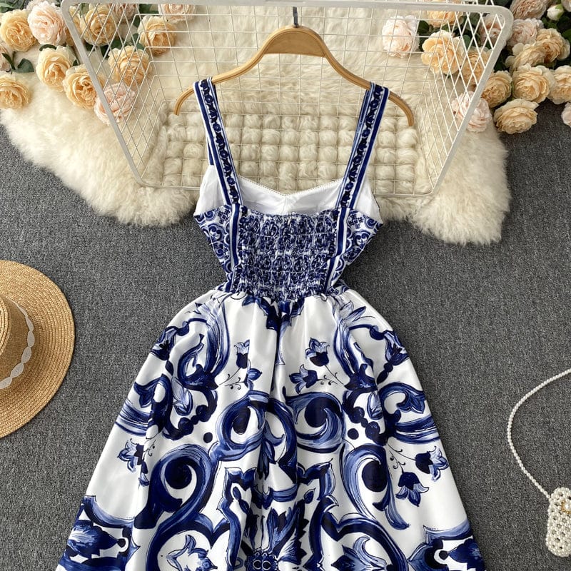 ABBIE - Blaues Florales Print Vintage Langes Kleid