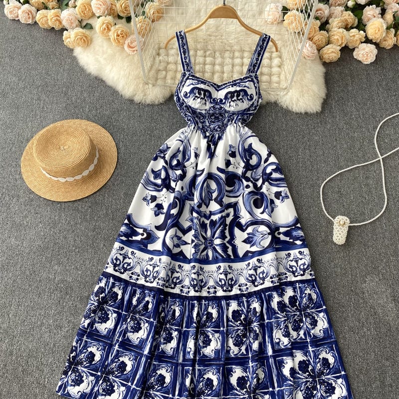 ABBIE - Blaues Florales Print Vintage Langes Kleid