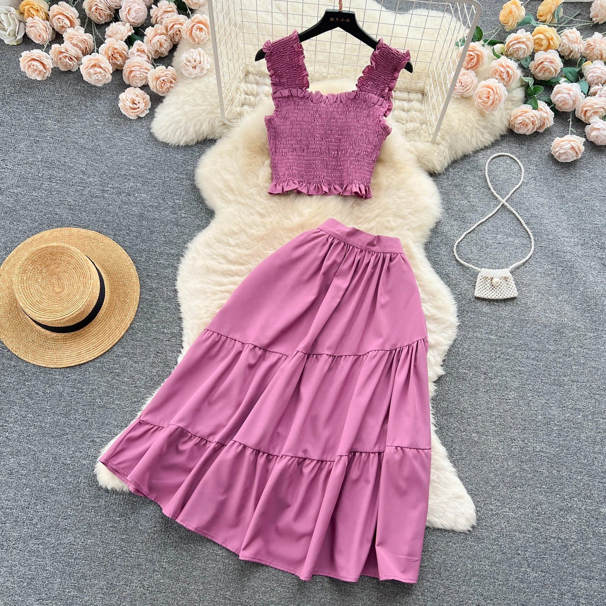 ABEGAIL - Ärmelloses plissiertes Trägertop und Rock-Set