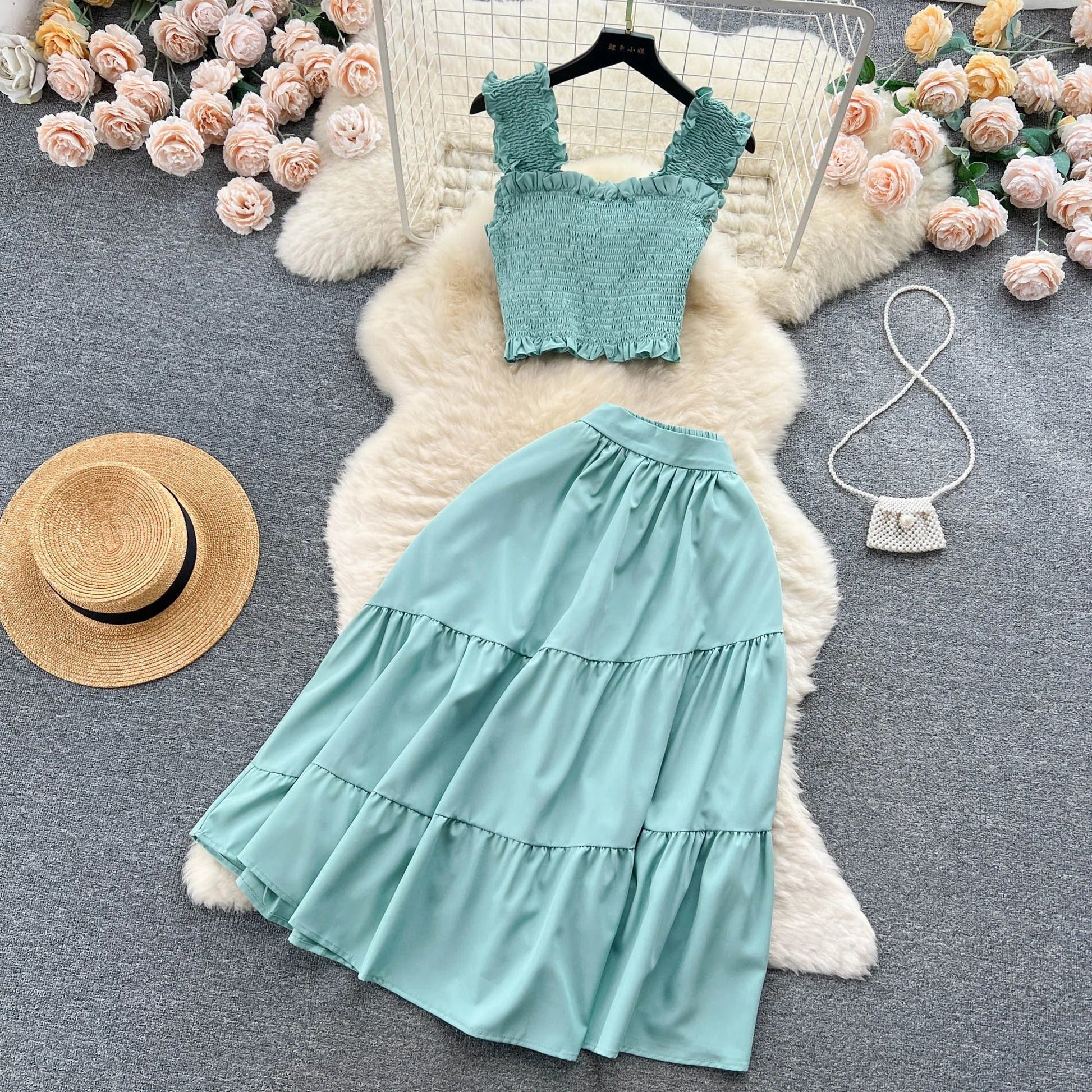 ABEGAIL - Ärmelloses plissiertes Trägertop und Rock-Set