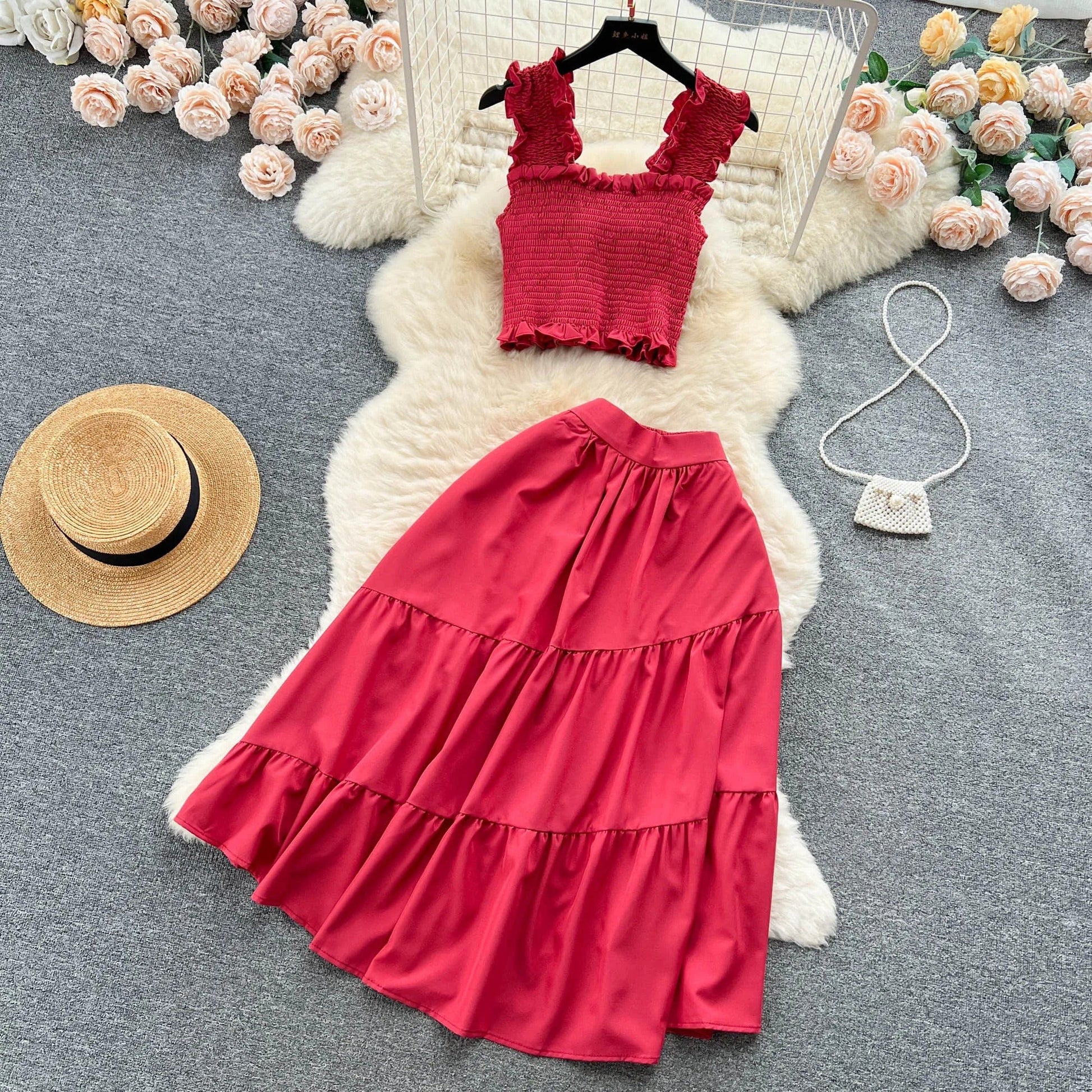 ABEGAIL - Ärmelloses plissiertes Trägertop und Rock-Set