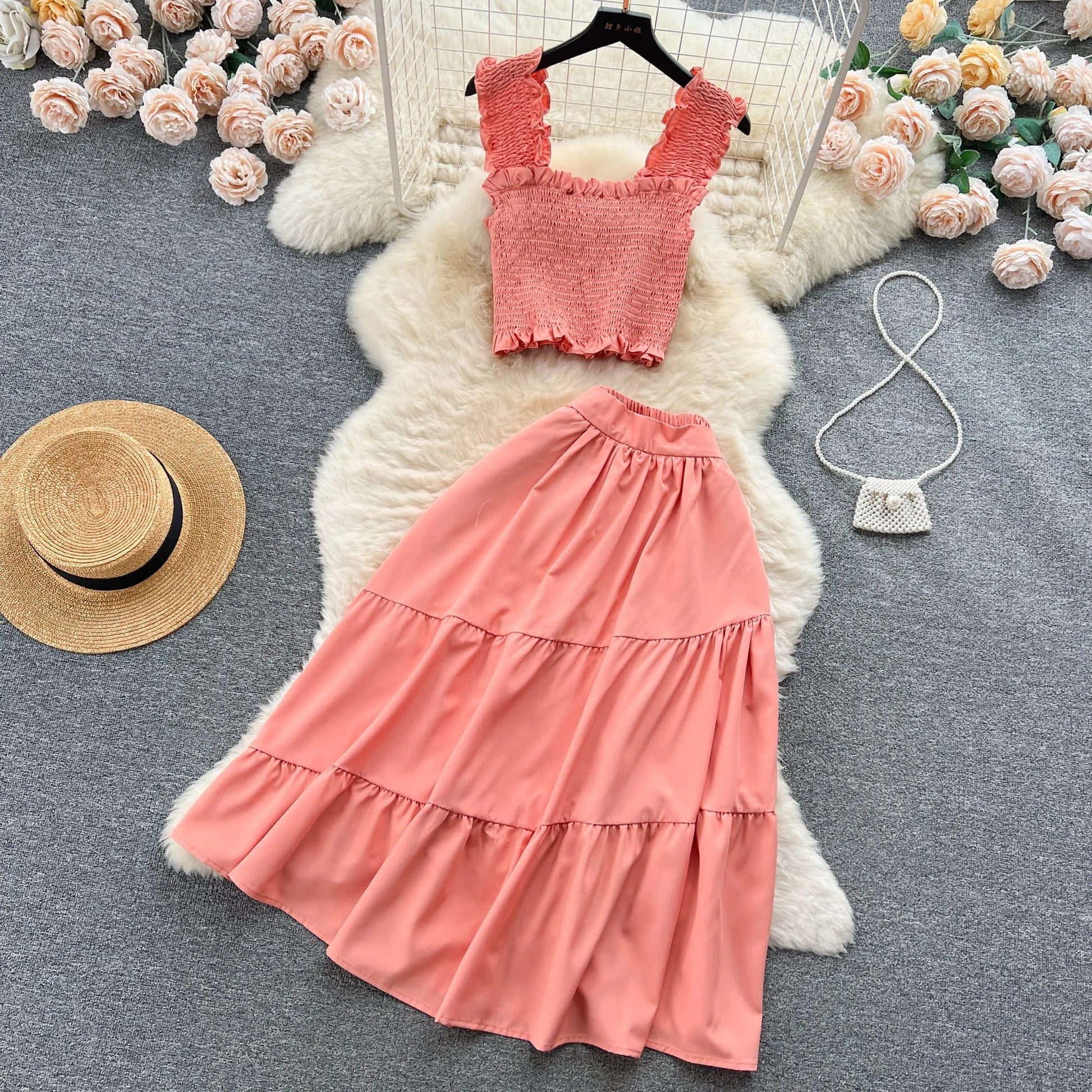 ABEGAIL - Ärmelloses plissiertes Trägertop und Rock-Set