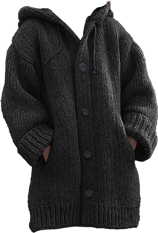 CORDULA - Doppeltaschen dick gestrickter Pullover mit Knöpfen und Kapuzen-Strickjacke