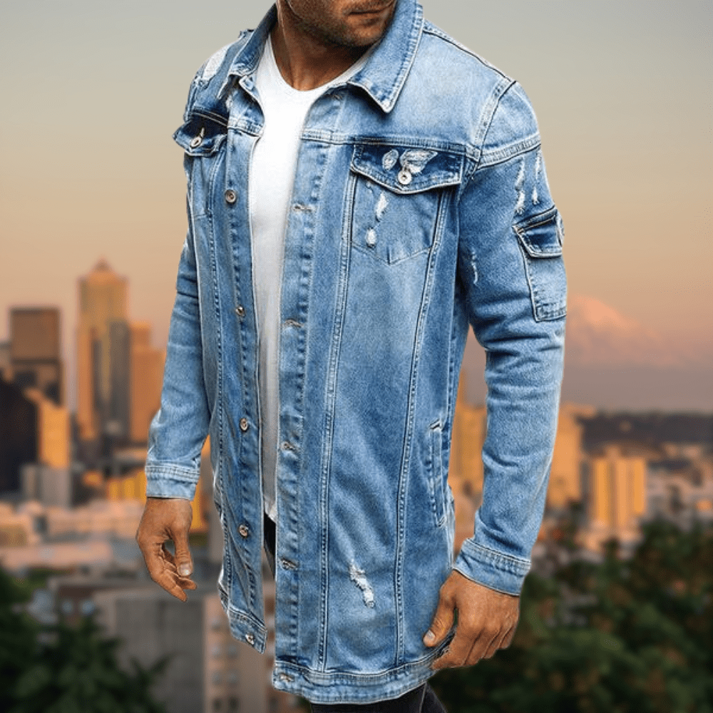 DAVEY - Zerrissene mittellange Denim-Jacke