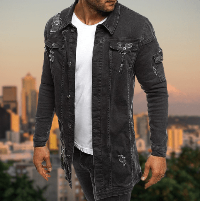 DAVEY - Zerrissene mittellange Denim-Jacke
