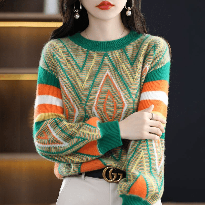 Iris A'leurs® - Eleganter grün-orange gemusterter Pullover