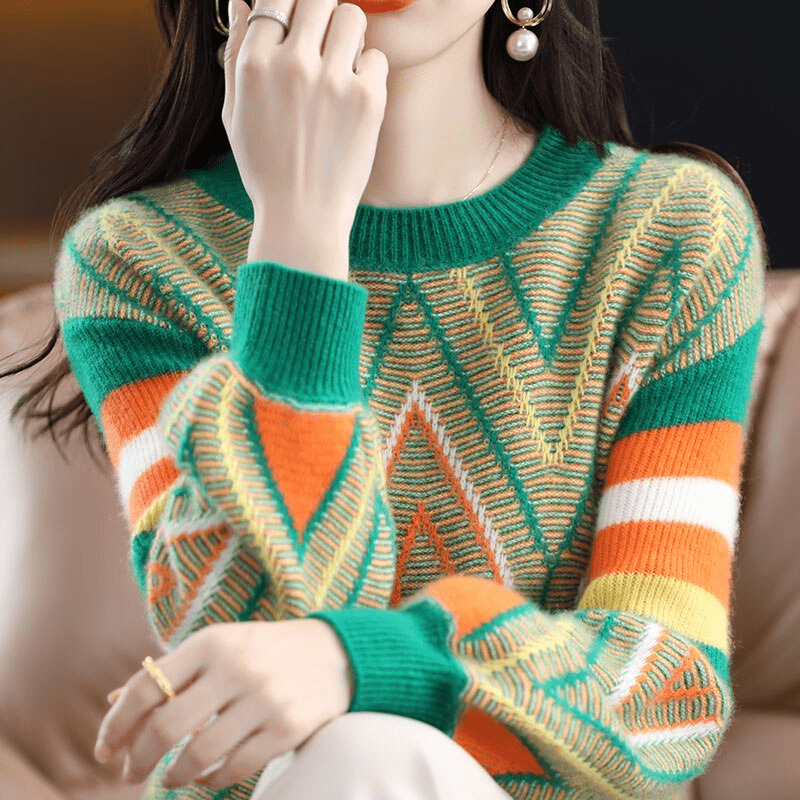 Iris A'leurs® - Eleganter grün-orange gemusterter Pullover