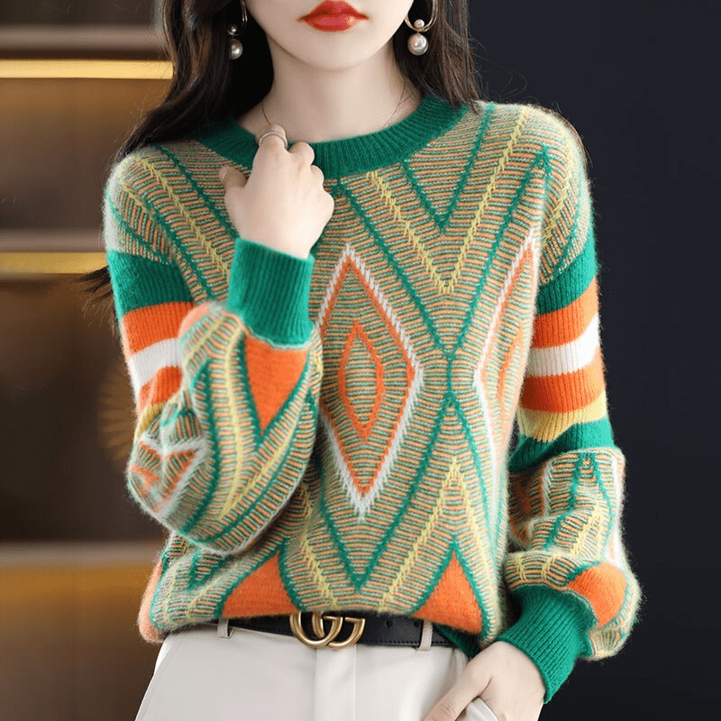 Iris A'leurs® - Eleganter grün-orange gemusterter Pullover