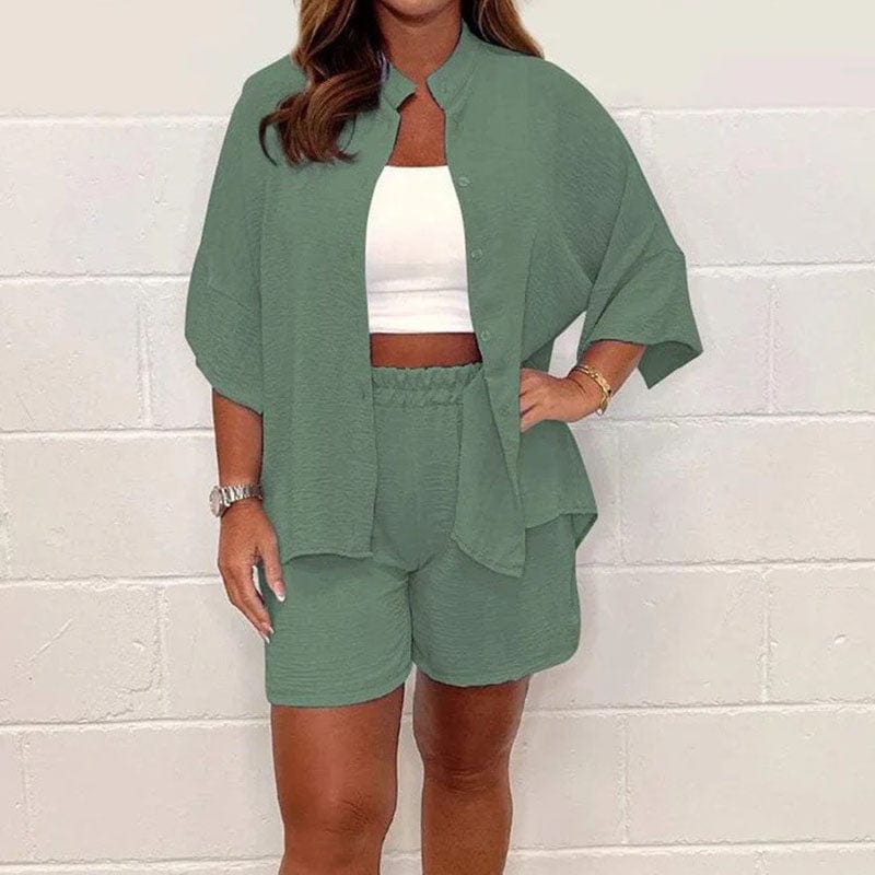 LORNA - Rundhals-Button-Top und elastisches Shorts-Set