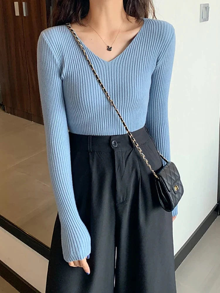 MARINA - Basic Strick-V-Ausschnitt-Pullover