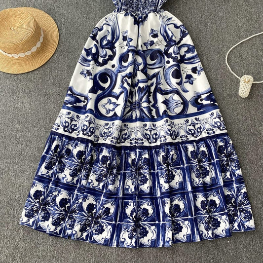ABBIE - Blaues Florales Print Vintage Langes Kleid