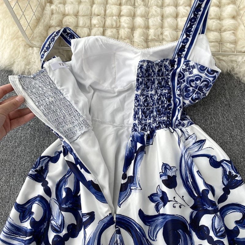 ABBIE - Blaues Florales Print Vintage Langes Kleid