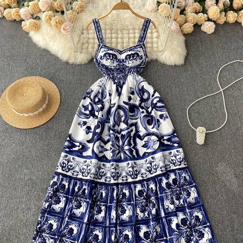 ABBIE - Blaues Florales Print Vintage Langes Kleid