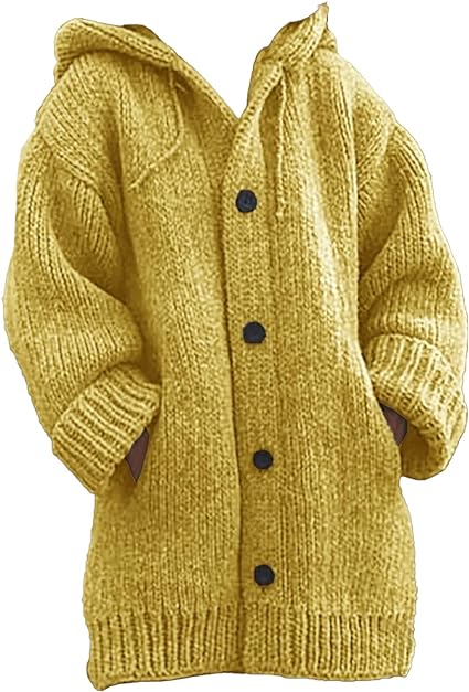 CORDULA - Doppeltaschen dick gestrickter Pullover mit Knöpfen und Kapuzen-Strickjacke