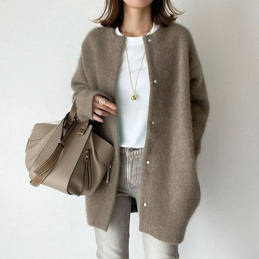 Eva Janssen® - Braune langärmelige Strickjacke mit Knopfverschluss